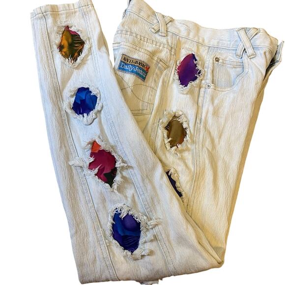 Vintage 80'S Anti Basic Women Daily Jeans HighRise 5/6 Acid Wash Blue Patchworks - Picture 1 of 14
